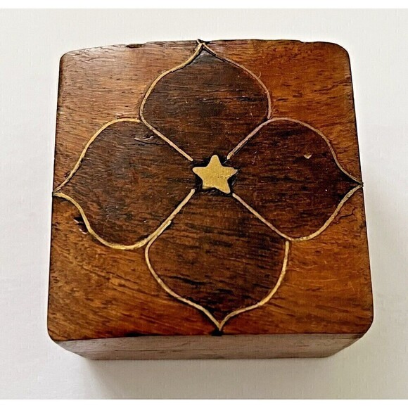 Wooden Inlay Flower Box Leaves Ring Holder Square Small Boho Trinket India Art - Picture 1 of 11